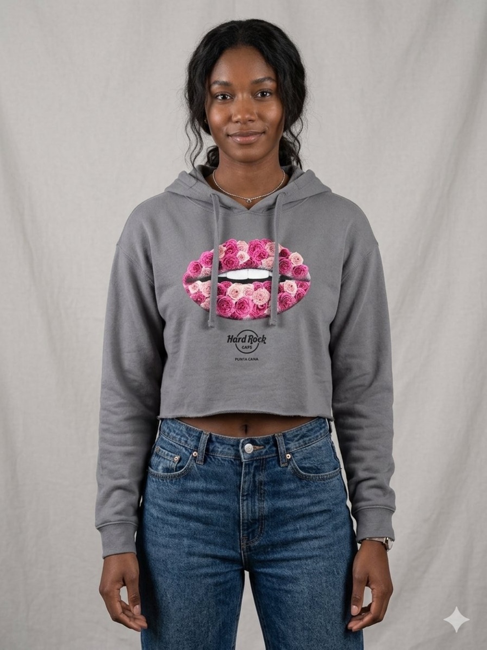 Hard Rock Cafe Gray Cropped Hoodie with Pink Rose Lip Graphic
